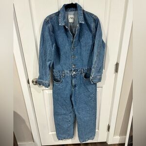 Zara denim cropped jumpsuit size small